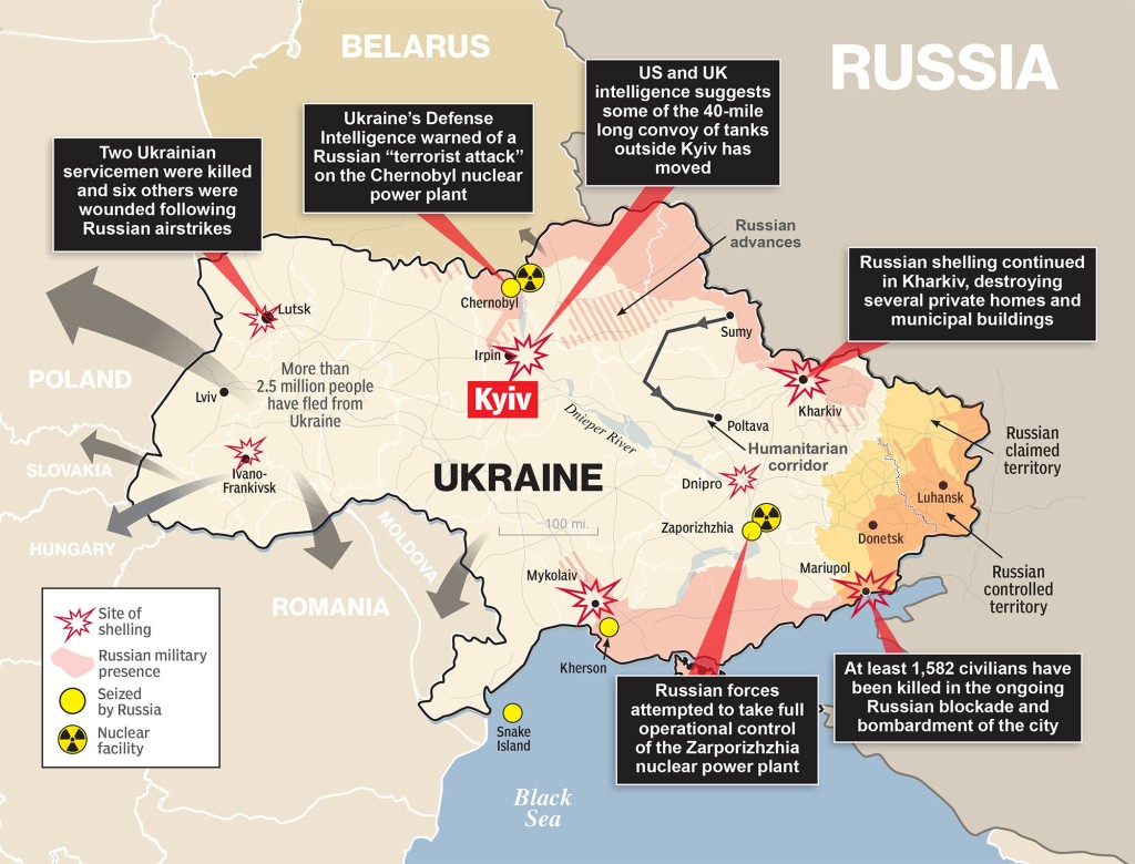 De afbeelding toont de Russische invasie van Oekraïne op 11 maart 2022.