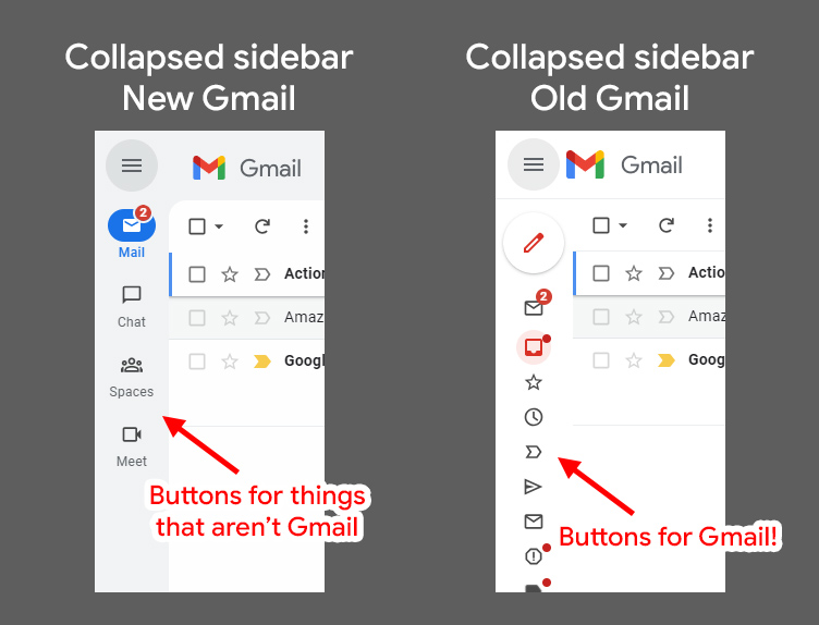 Zelfs als je op de hamburgerknop drukt, toont de nieuwe Gmail nog steeds de app-balk.  De oude lay-out, zelfs als deze instort, geeft nog steeds een pictogram weer voor elke Gmail-sectie.