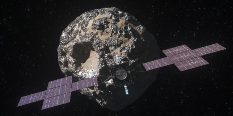 Ars toert door de cleanroom van het asteroïde-baan Psyche-ruimtevaartuig bij JPL