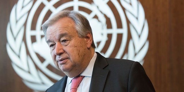 Op deze foto van 7 mei 2019 wordt de secretaris-generaal van de Verenigde Naties Antonio Guterres afgebeeld tijdens een interview op het hoofdkwartier van de Verenigde Naties.