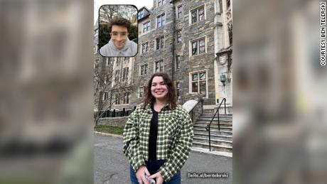 Ben Telerski en Alexandra Henn op een foto uit zijn BeReal-app.  De app maakt een dubbele foto die de gebruiker een selfie laat zien en wat er voor hem staat.