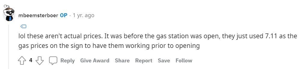 Een Reddit-bericht over gasprijzen bij 7-Eleven. 