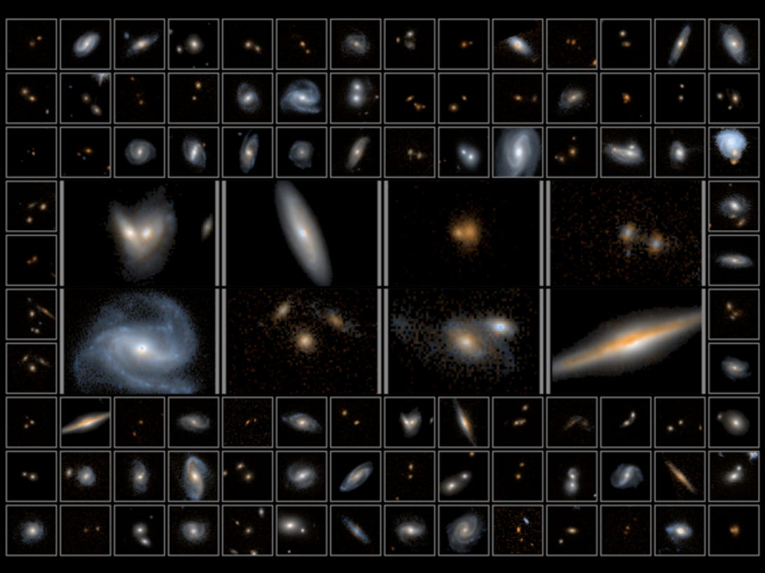 Fotomozaïek met een verscheidenheid aan sterrenstelsels