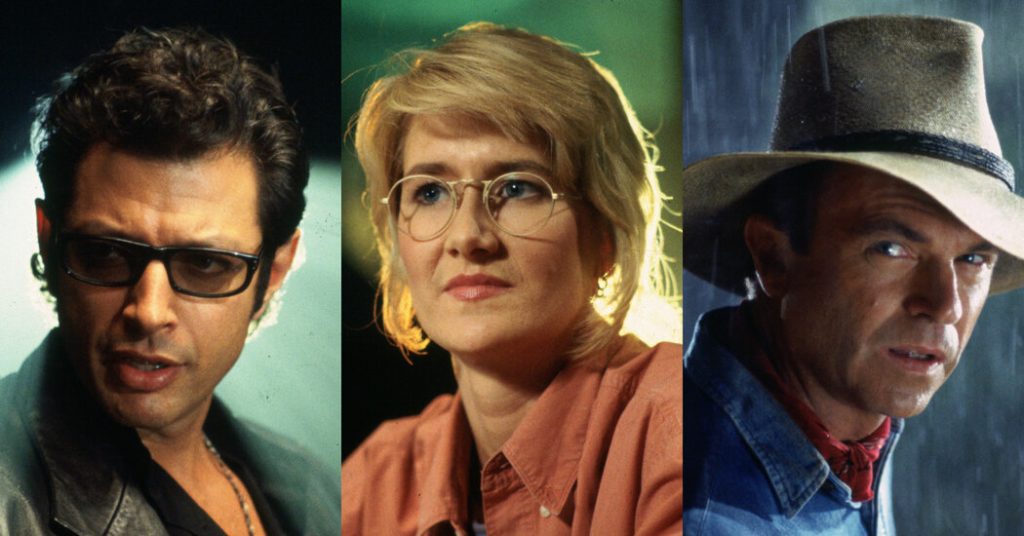 Laura Dern, Jeff Goldblum en Sam Neill in hun "Jurassic" interview