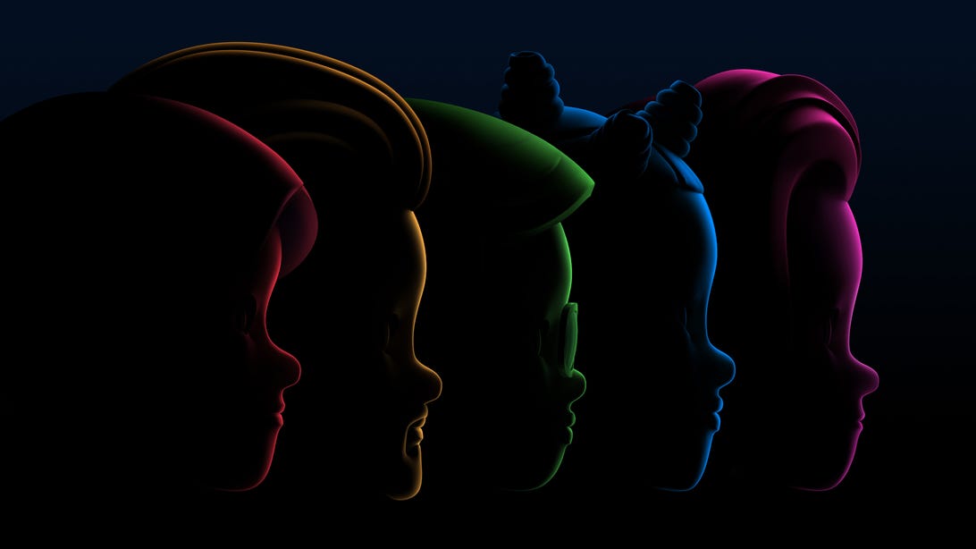 Het Apple WWDC 2022-logo heeft een zwarte achtergrond met de profielen van vijf mensen omlijnd in vervaagde regenboogkleuren.