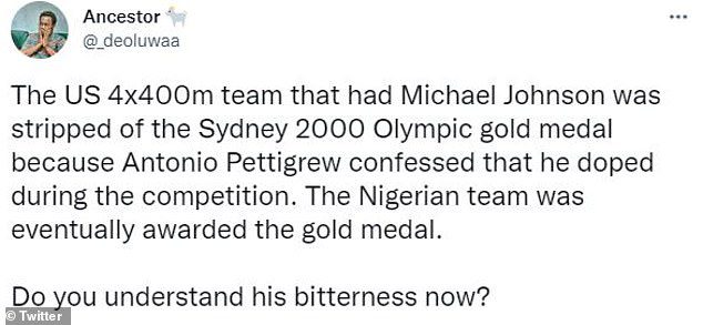 Een Twitter-gebruiker beweerde dat Johnson mogelijk op zoek was naar wraak nadat de VS in 2000 de Olympische titel op de 4x100m was kwijtgeraakt en Nigeria in plaats daarvan het goud pakte.