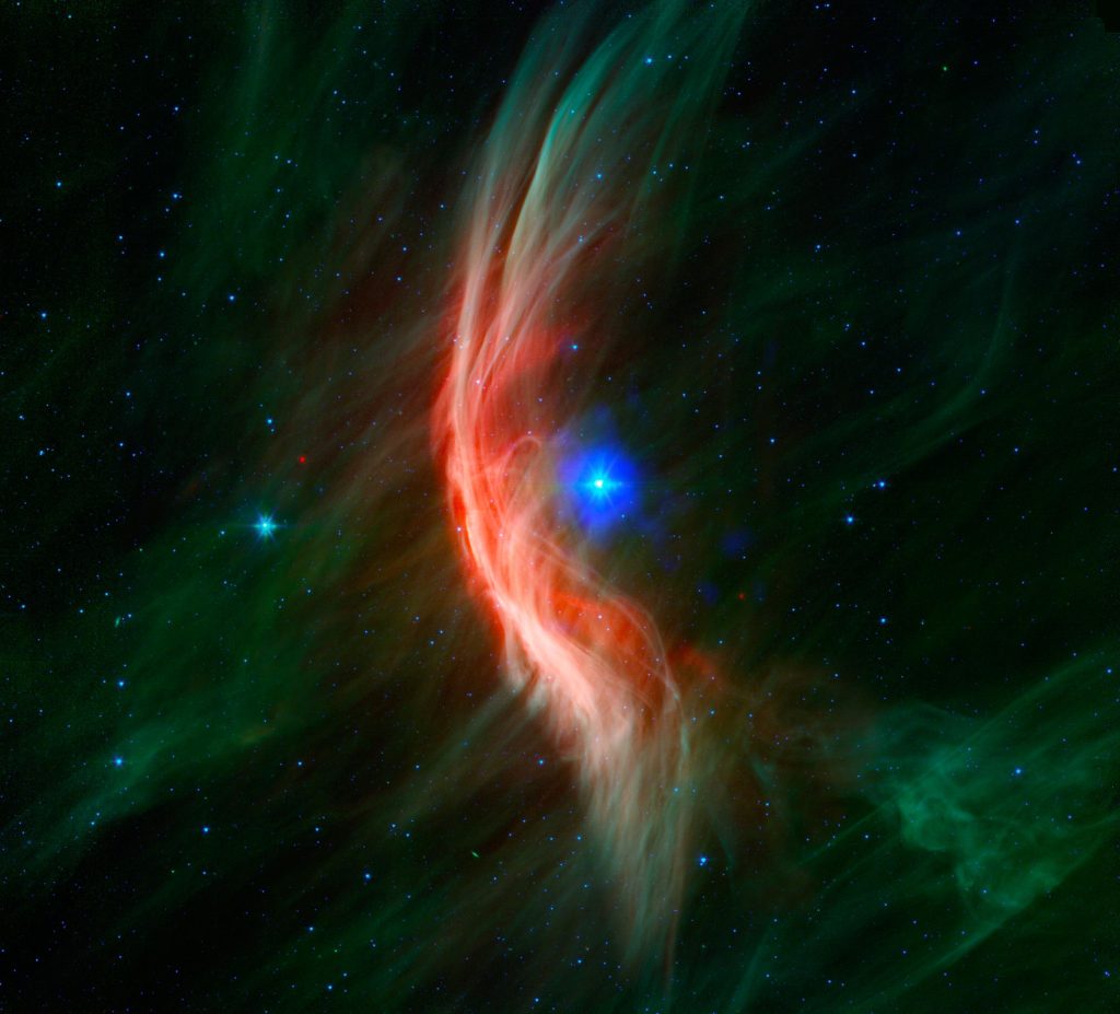 Een verbazingwekkende schokgolf van een afgewezen ster die met 100.000 mijl per uur door de ruimte raast