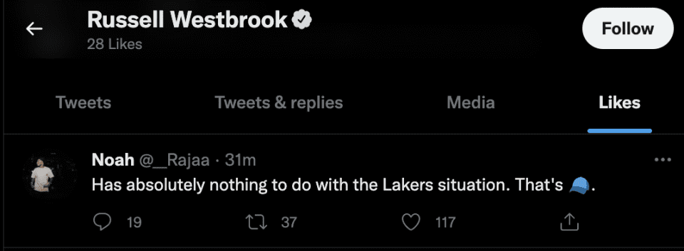 Screenshot van Russell Westbrook's Twitter Likes.  (Twitter)