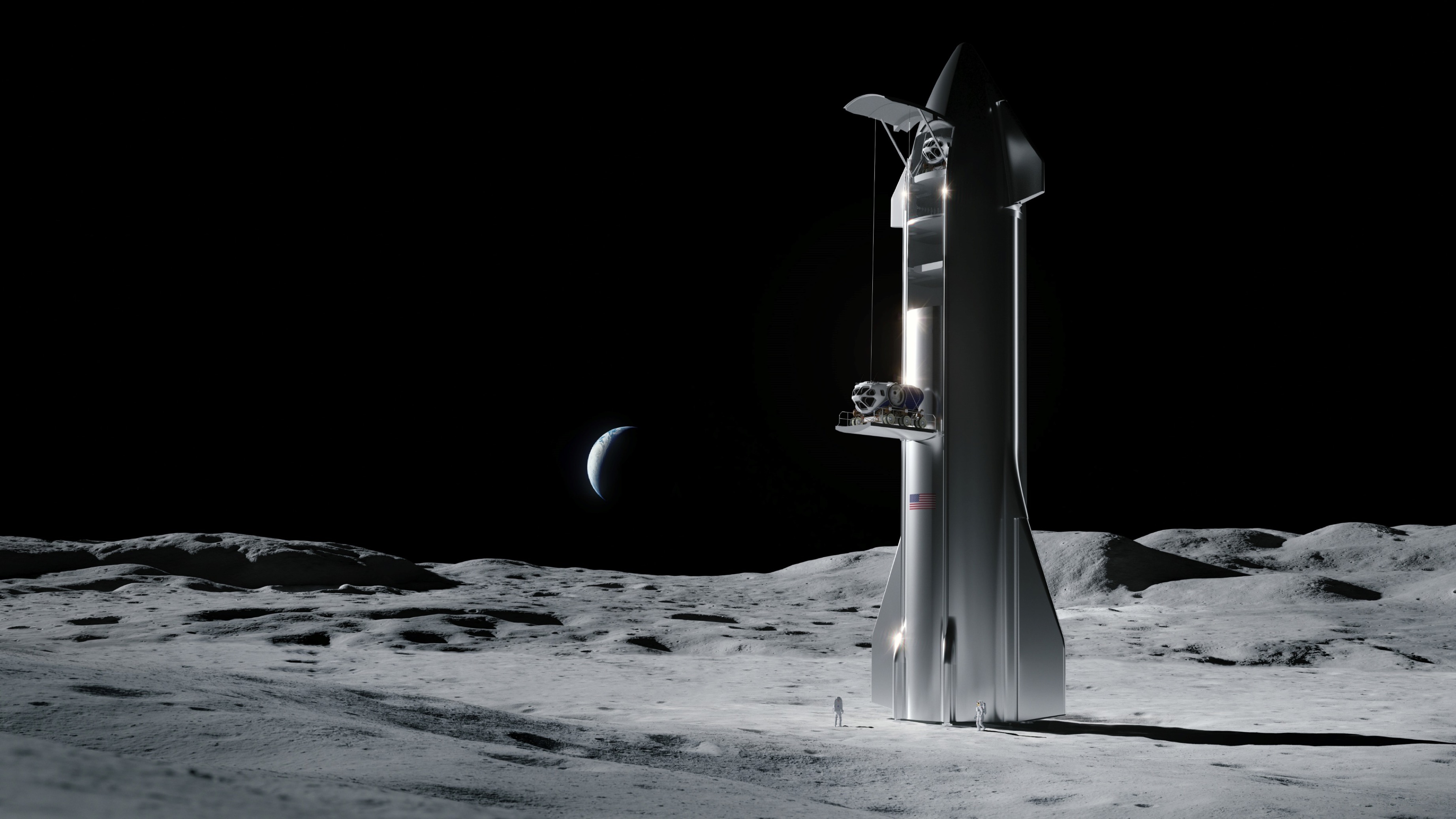 Artistieke illustratie van het SpaceX-ruimtevaartuig op de maan.