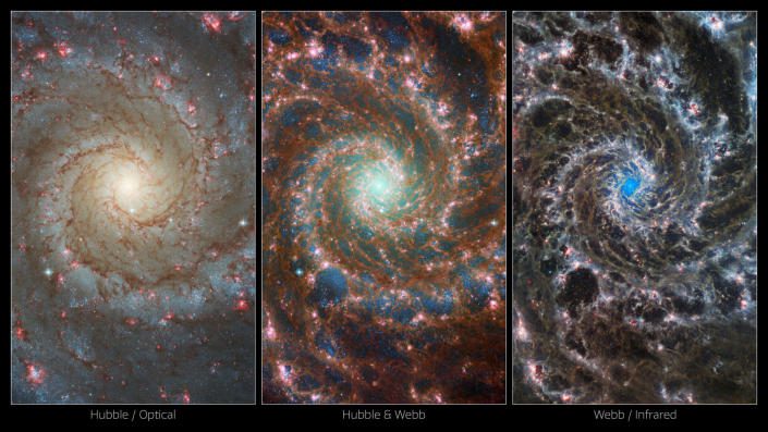 Aan de linkerkant een weergave van de Hubble-ruimtetelescoop van de melkweg.  Rechts is de afbeelding van de James Webb Space Telescope opvallend anders.  De samengevoegde foto in het midden combineert deze twee voor een werkelijk unieke kijk hierop 