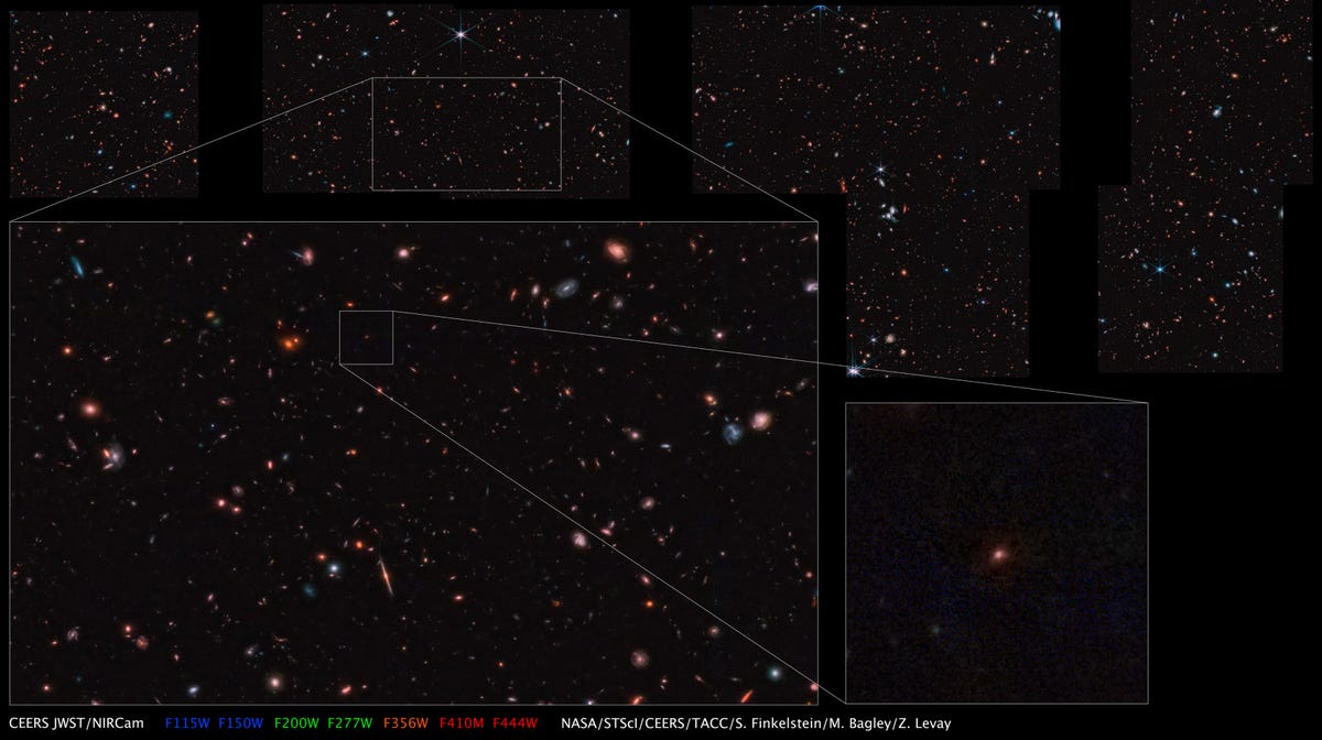 De donkere achtergrond van de ruimte toont verschillende hoeken van het Maisie-sterrenstelsel.  De dichtstbijzijnde kopie van de afbeelding bevindt zich linksonder en toont een roodachtige lichtvlek.