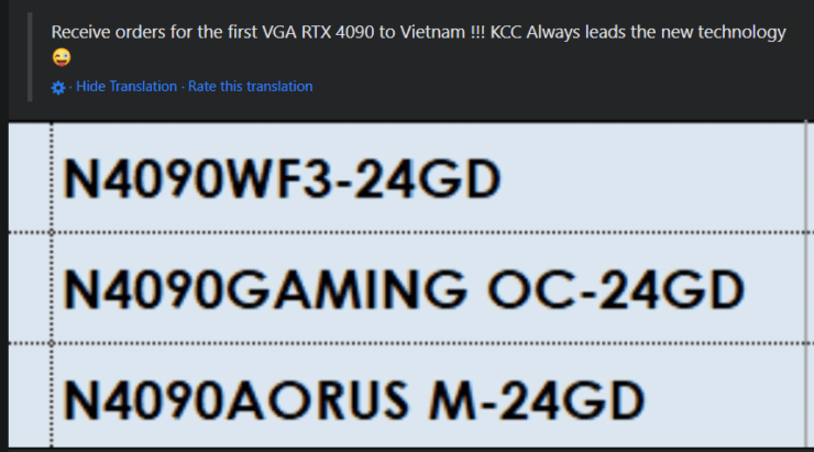 Gigabyte's GeForce RTX 4090 custom-modellen worden vermeld door de Vietnamese retailer.  (Afbeelding tegoed: I_Leak_VN)