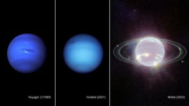 Foto's naast elkaar van Neptunus gemaakt door Voyager 2 in 1989, Hubble in 2021 en Webb in 2022.