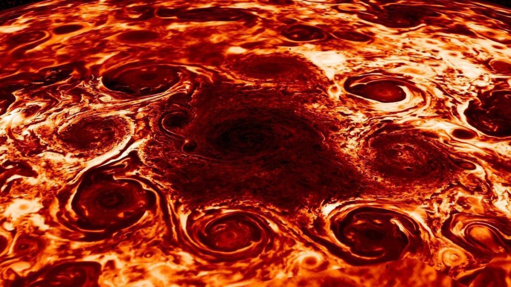 Wetenschappers keken naar negen cyclonen in een baan om de noordpool van Jupiter