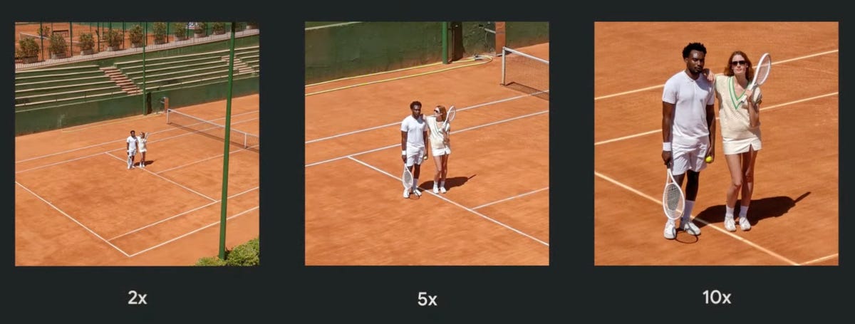 Drie foto's van verre tennissers laten zien hoe Google's Pixel 7 Pro kan inzoomen met 2x, 5x en 10x zoomfactoren.