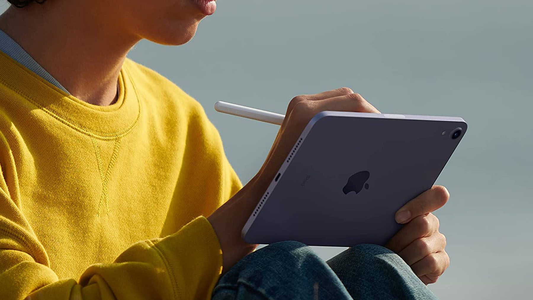Een foto van een persoon die op een iPad Mini zit terwijl hij een Apple Pencil gebruikt