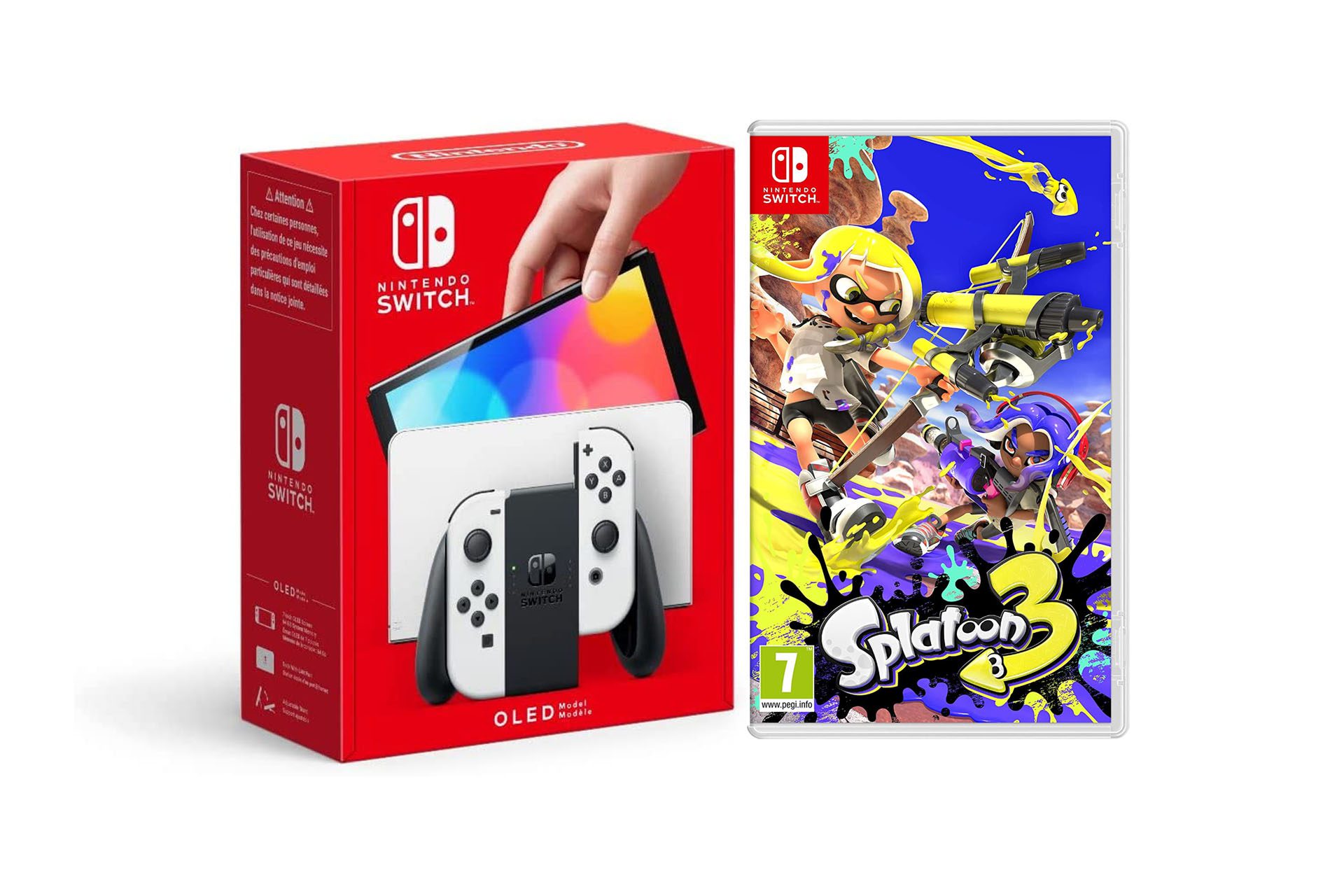 Productopname van de Nintendo Switch OLED en Splatoon 3 op een witte achtergrond