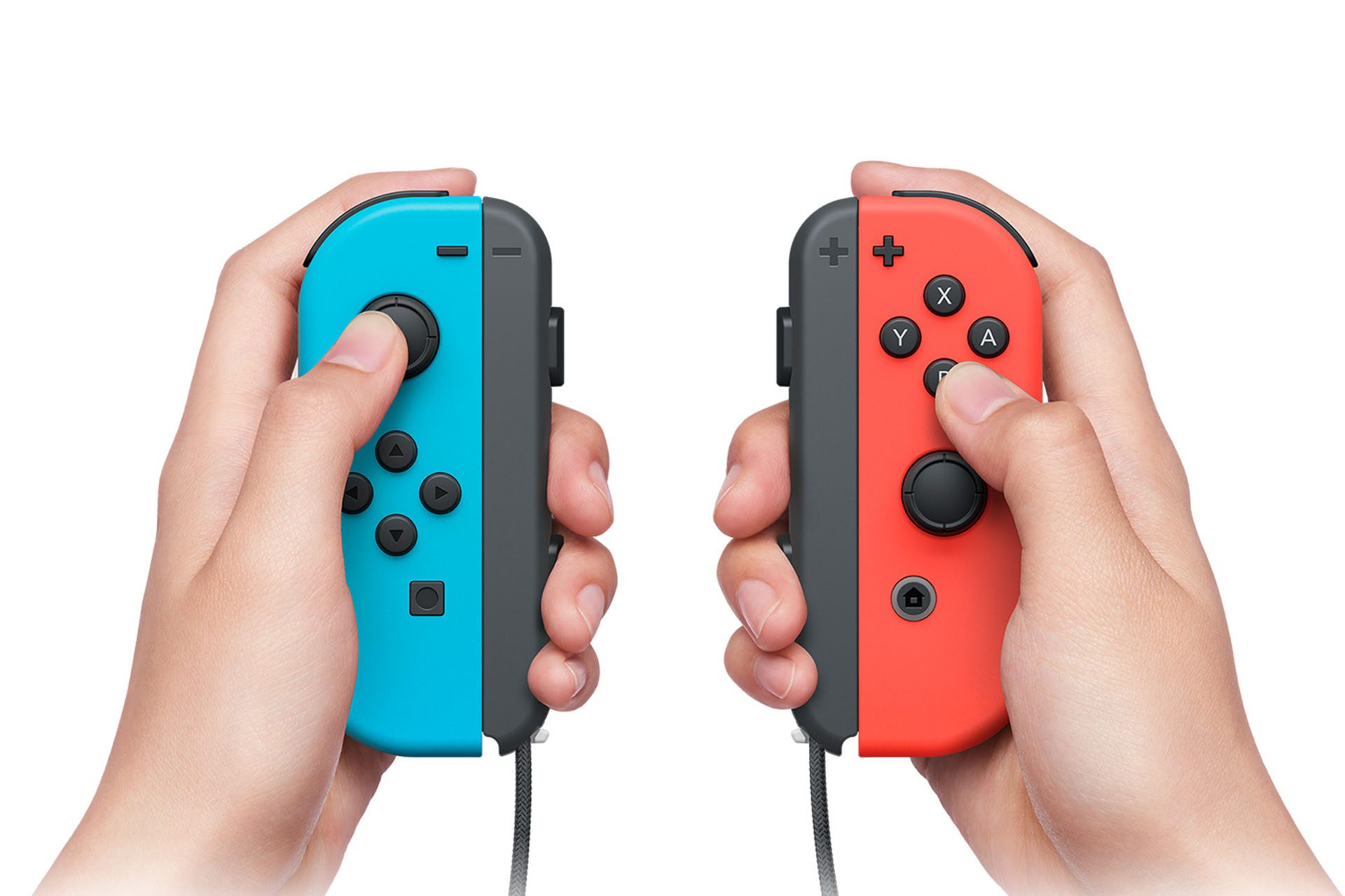 Gebruiker met rode en blauwe Nintendo Switch Joy-Cons