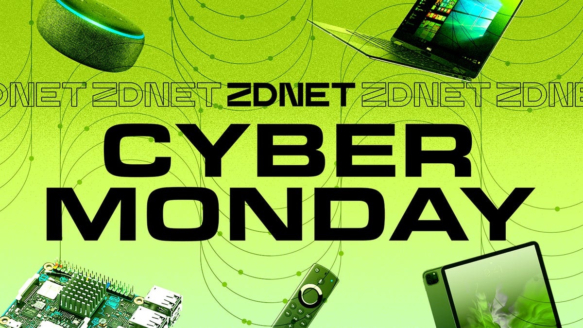 Grote witte Cyber ​​Monday-tekst met elektronische apparaten erachter