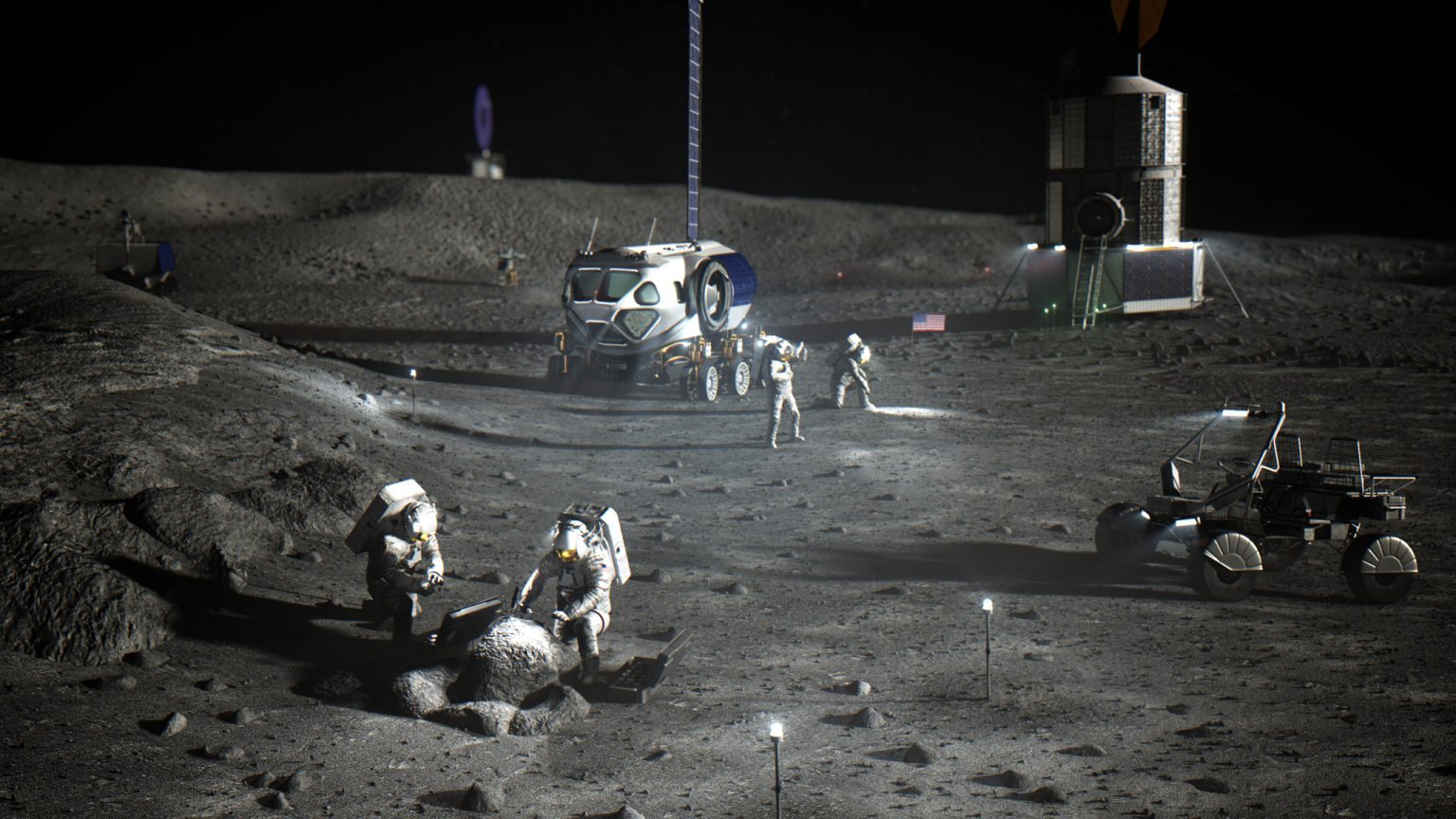 Artistieke afbeelding van NASA-astronauten op de zuidpool van de maan die vroeg werken om Artemis Base Camp op te richten.