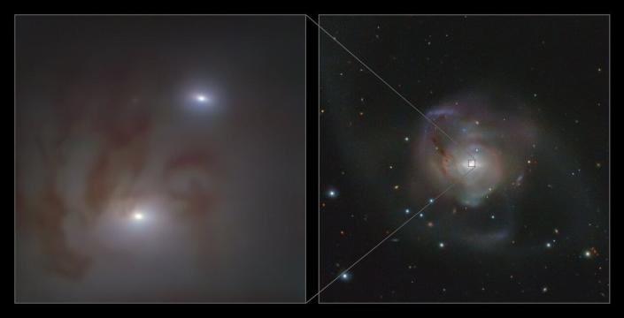Deze afbeelding toont close (links) en wide (right) views van de kernen van twee heldere sterrenstelsels, elk met een superzwaar zwart gat, in NGC 7727, een sterrenstelsel op 89 miljoen lichtjaar van de aarde in het sterrenbeeld Waterman.