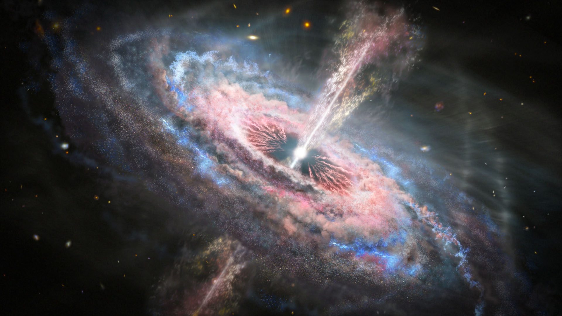 Illustratie van een melkwegstelsel met een quasar, een actief, helder en ver verwijderd superzwaar zwart gat, in het hart