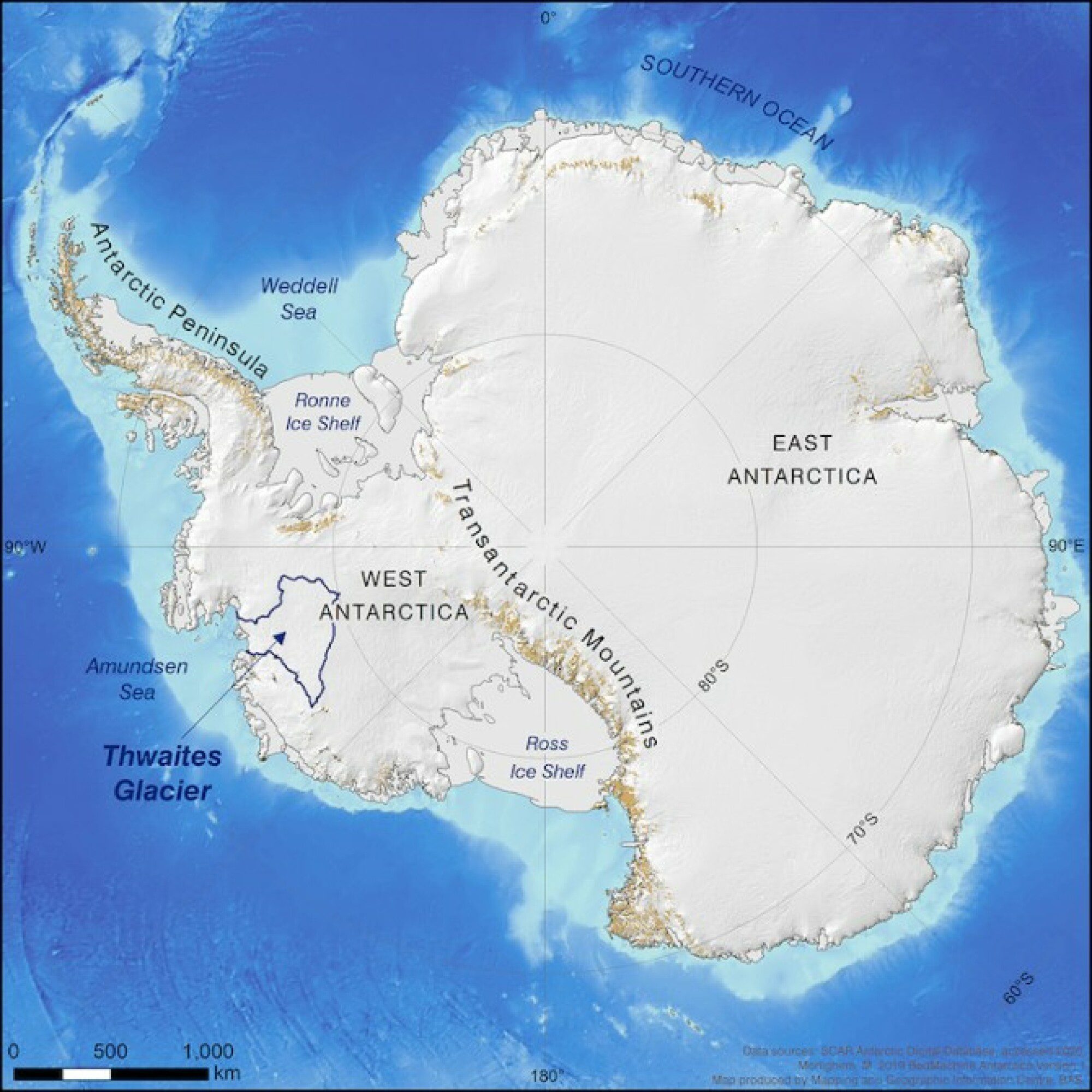 Kaart van Antarctica met links de Thwaites-gletsjer