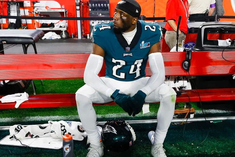 Eagles cornerback James Bradberry sits on the bench after losing to the Kansas City Chiefs in Super Bowl LVII at State Farm Stadium on Sunday, February 12, 2023 in Glendale, AZ.