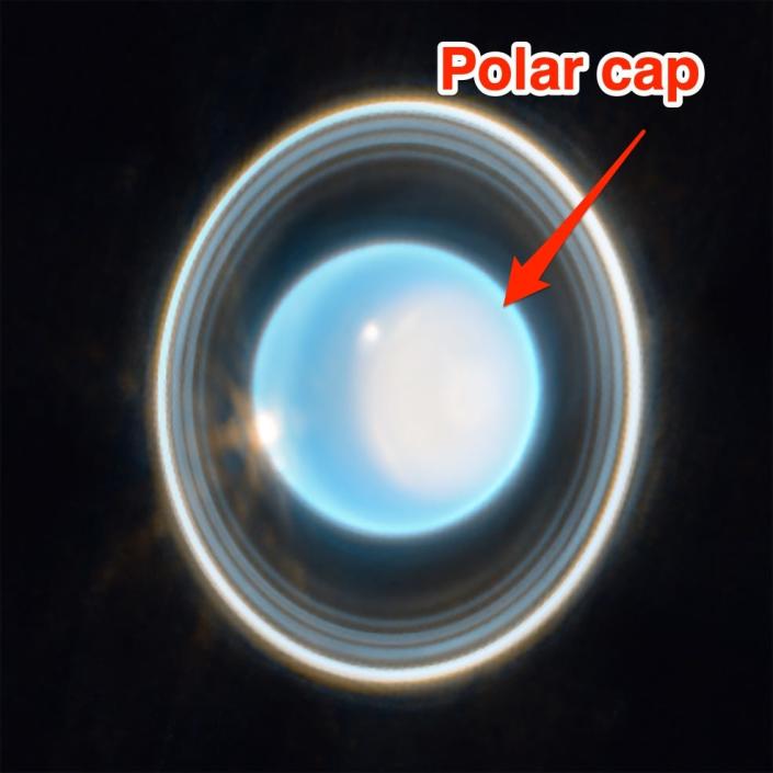 Een bijschrift voor de JWST-afbeelding luidt "  poolkap "  Met een pijl die wijst naar een licht bleekblauw gebied op Uranus.