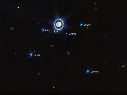 Afbeelding gemaakt door JWST toont de planeet omringd door Puck, Titania, Oberon, Umbriel, Ariel en Miranda