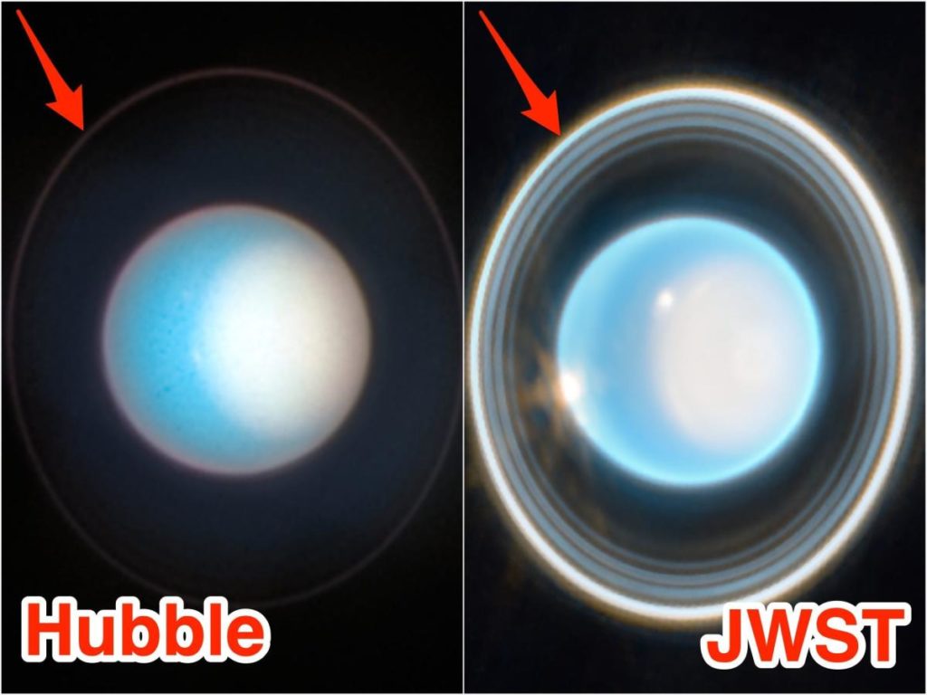 Zij-aan-zij beelden van Uranus laten zien hoe NASA's James Webb-telescoop beter presteert dan de Hubble en ooit ongeziene heldere ringen ontdekt.