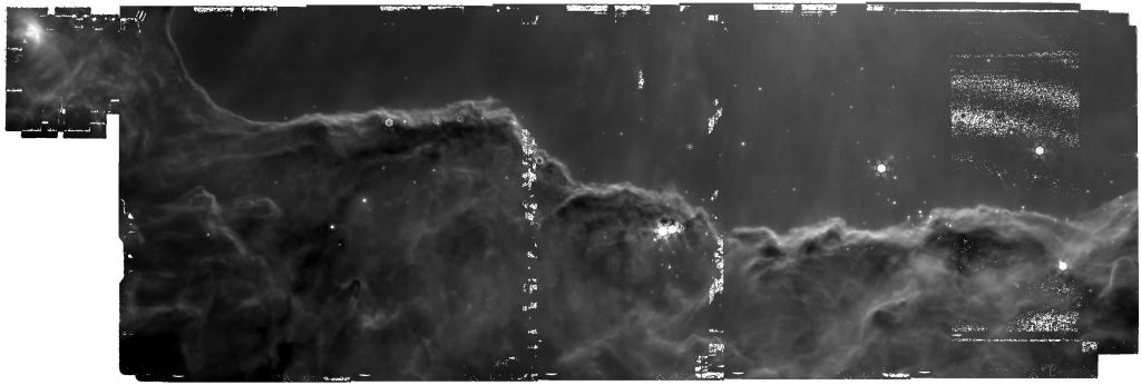JWST legde dit onbewerkte beeld vast van NGC 3324, de Carinanevel, met het MIRI-instrument en filter F1130W.  Het begint pas vorm te krijgen wanneer het wordt verwerkt en gecombineerd met andere afbeeldingen.  Afbeelding tegoed.  NASA, ESA, CSA en STScI