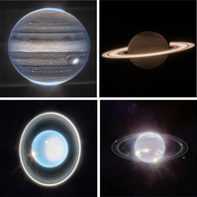 Eerste James Webb Space Telescope-opnamen (met de klok mee) van Jupiter, Saturnus, Neptunus en Uranus.