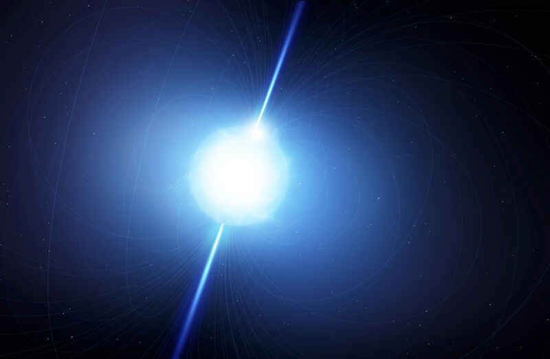 Afbeelding van een helderblauwe bol tegen een donkere achtergrond, met lichtgolven die uit twee polen komen.