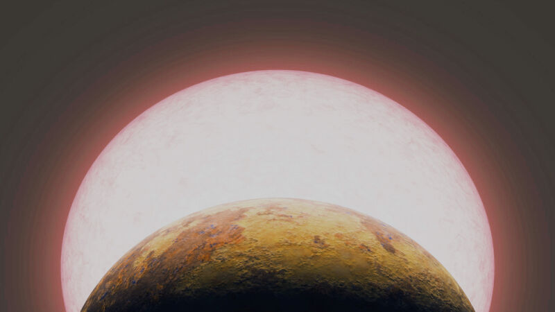 Een artistieke impressie van een enorme planeet nabij een ster.