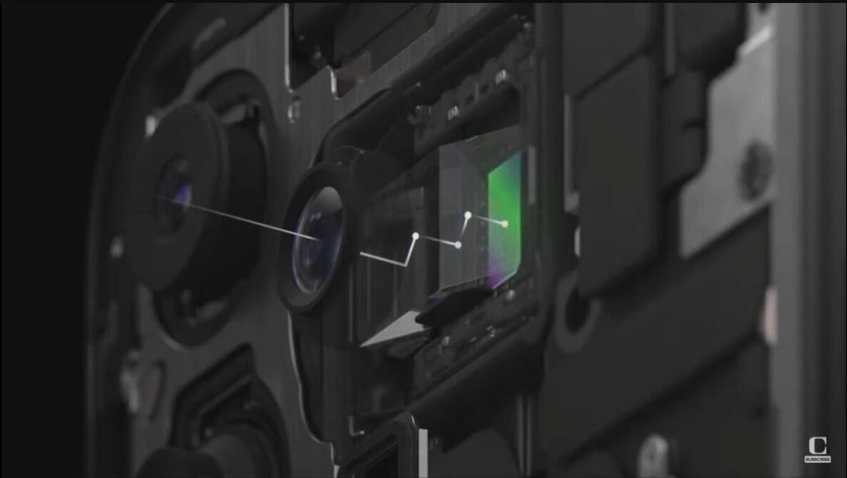 Een kijkje achter de schermen van de camera-array van de iPhone 15 Pro Max laat zien dat licht door de lens binnenkomt en vier keer door het prisma wordt gereflecteerd.