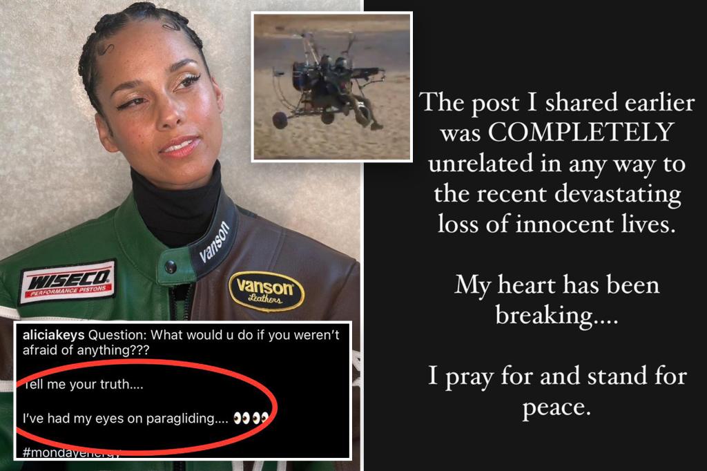Alicia Keys is aangevallen vanwege een post over zweefvliegtuigen nadat Hamas deze had gebruikt om Israël aan te vallen