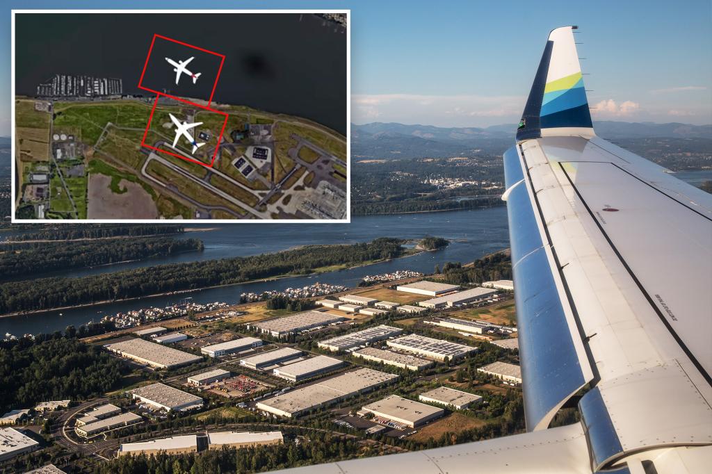 Het vliegtuig is op weg naar een andere vliegroute nabij Portland Airport