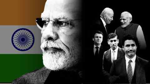 Narendra Modi kijkt naar links voor de Indiase vlag terwijl Modi's figuren achter hem in de rij staan ​​met Biden, Macron, Sunak en Trudeau