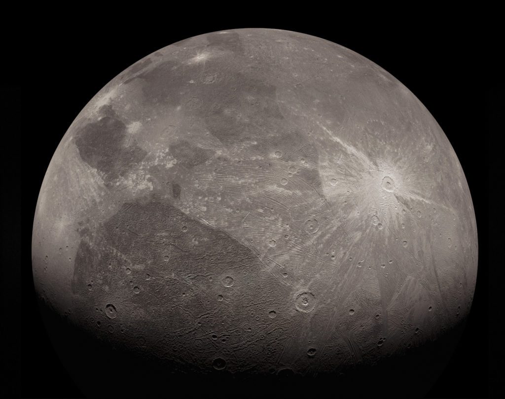 This enhanced image of the Jovian moon Ganymede was obtained by the JunoCam imager aboard NASA's Juno spacecraft during the mission's June 7, 2021, flyby of the icy moon on Juno's 34th pass close to Jupiter.