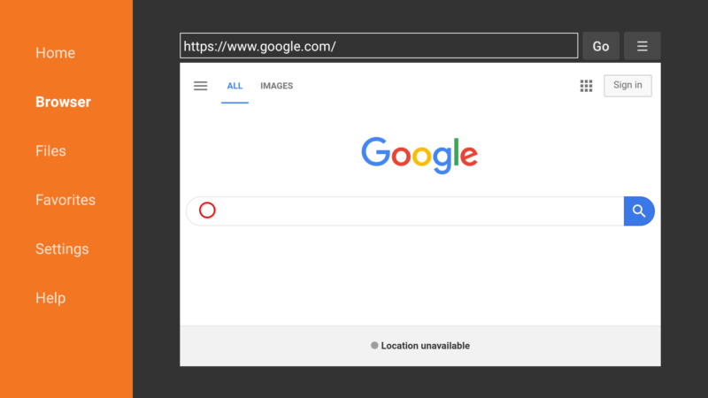 Schermafbeelding van de Google-startpagina die wordt weergegeven op Downloader, een Android-app met een ingebouwde browser.
