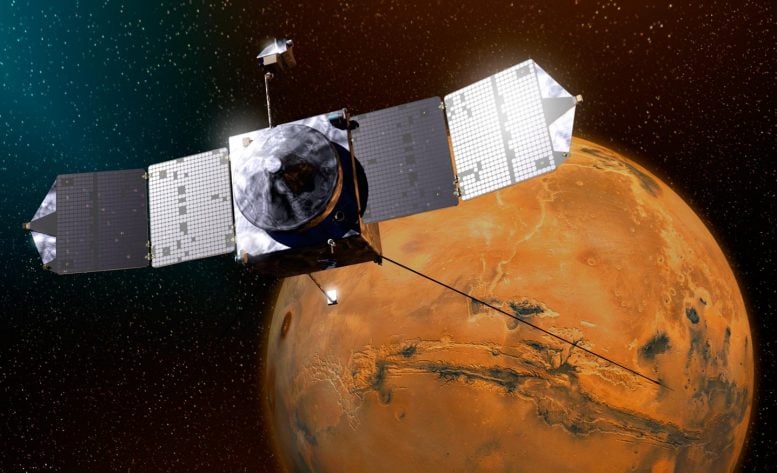 Het MAVEN-ruimtevaartuig draait in een baan om Mars