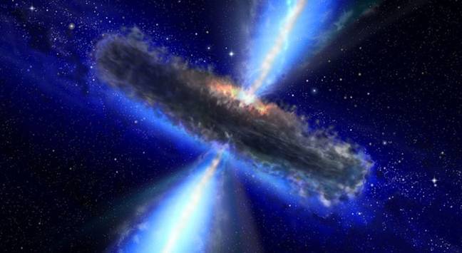 Het concept van deze kunstenaar toont een quasar, of voedend zwart gat, vergelijkbaar met APM 08279+5255Credit: NASA/ESA