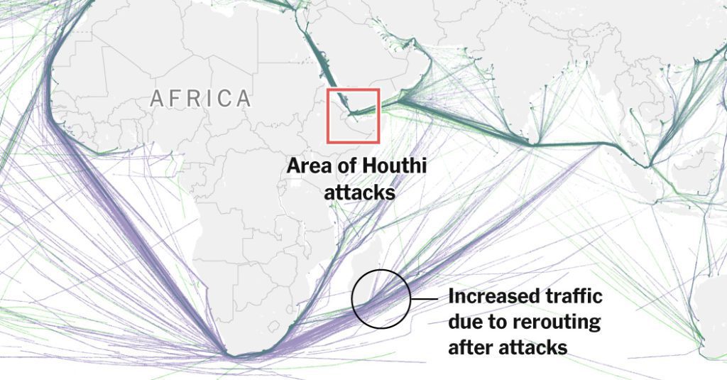 Hoe hebben de Houthi-aanvallen in de Rode Zee het mondiale scheepvaartverkeer verstoord?