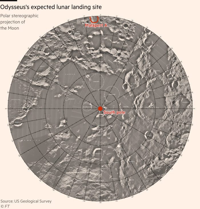 Afbeelding van de maan gecentreerd op de zuidpool en toont de locatie van Malapert A