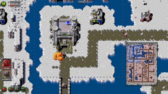 Z (RTS-game) - Screenshot van rode eenheden die het blauwe fort aanvallen in dit realtime strategiespel uit 1996 van de Bitmap Brothers.