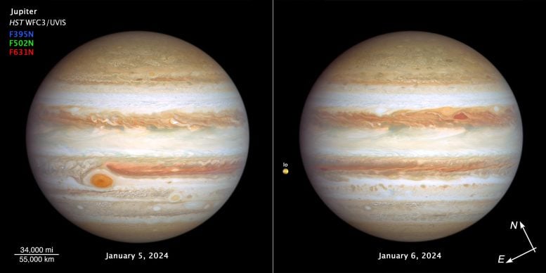 Hubble's kompasbeeld uit 2024 van Jupiter