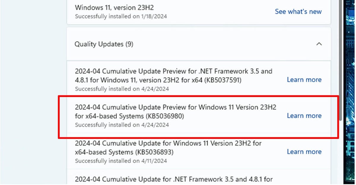 Schermafbeelding met de Windows 11-update